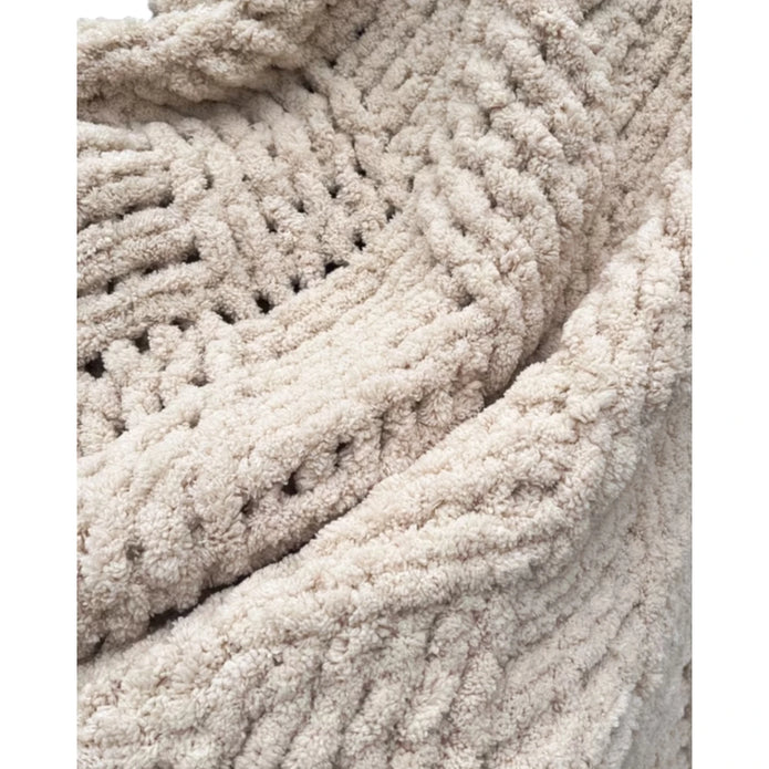 Beige checkered chenille chunky knit blanket throw from Starlight Express, soft furnishings with cozy, textured fabric.