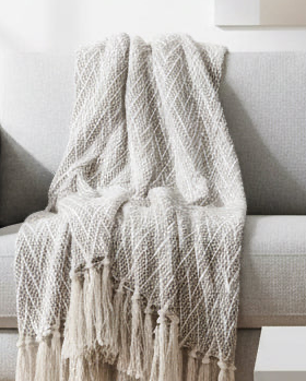 Beige chevron cotton knitted throw blanket from Gisela Graham, soft and cozy for home decor and comfort.