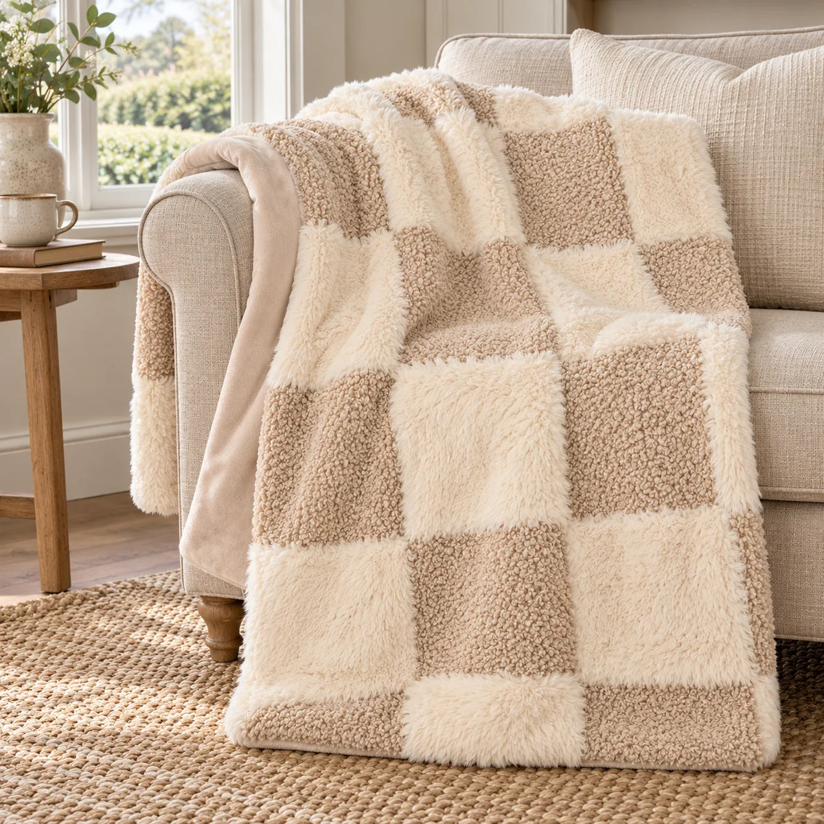Riva Home beige and cream fur boucle check blanket throw draped over an armchair