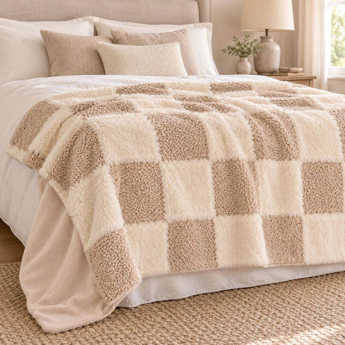 Riva Home beige and cream fur boucle check blanket throw draped on a bedroom bed