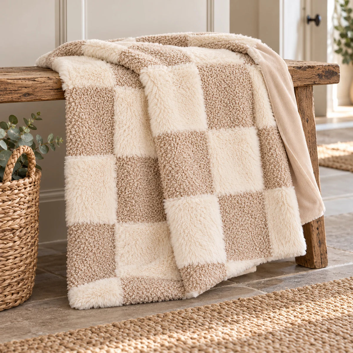 Beige and cream fur boucle check blanket throw by Riva Home draped over an oak bench