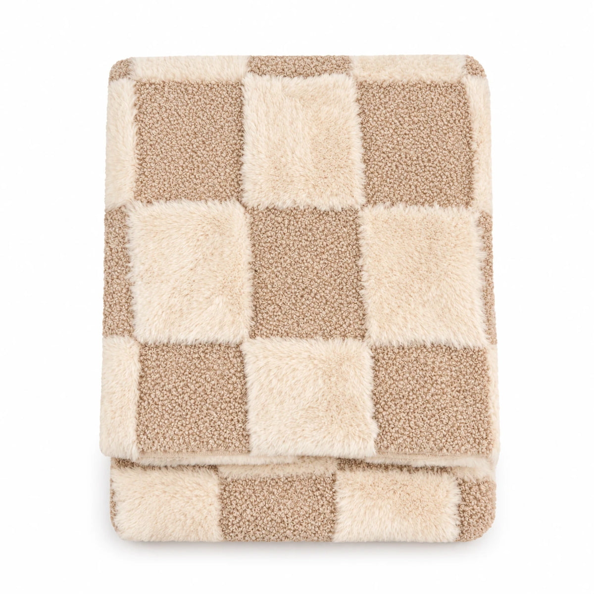 Riva Home beige and cream fur boucle check blanket throw on a white studio background