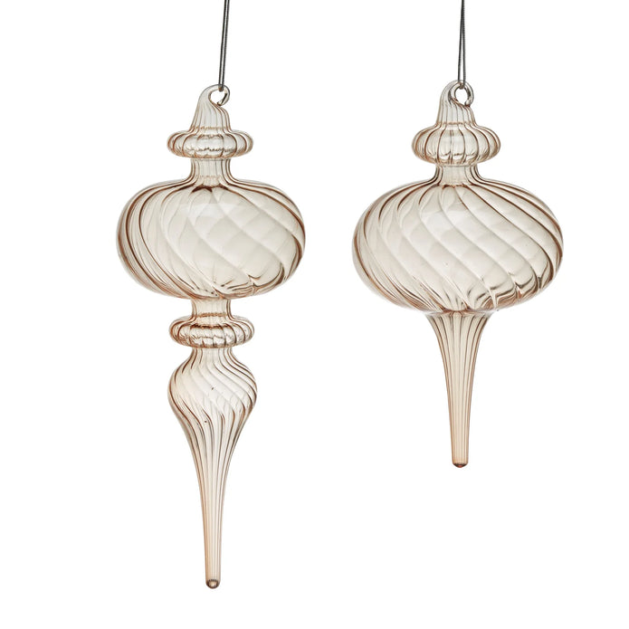 Beige glass teardrop Christmas baubles with ribbed designs