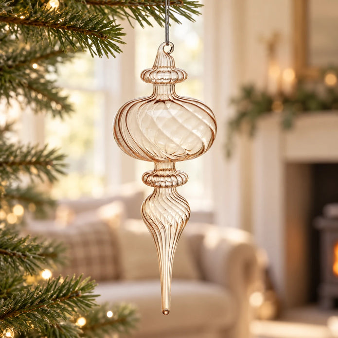 Beige Glass Teardrop Christmas Bauble — Single LEFT longer finial on fir branch