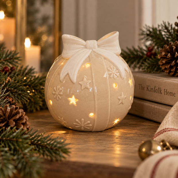 Beige ceramic LED Christmas bauble with white bow illuminated among evergreen branches