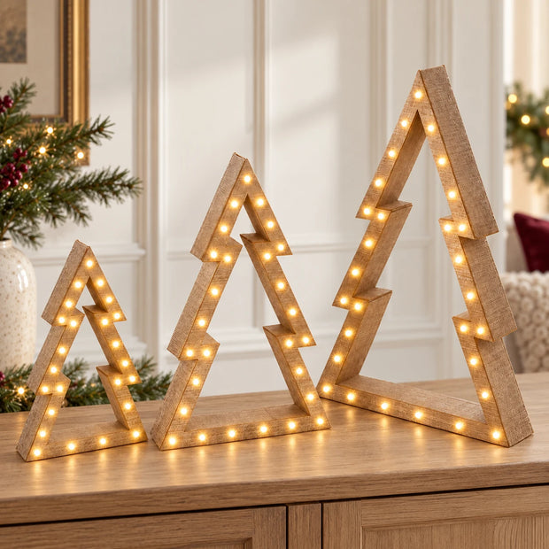 Set of three beige wooden LED Christmas trees by Heaven Sends, illuminated holiday decoration for festive decor.