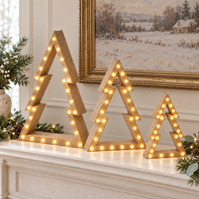 Three illuminated wooden Christmas trees arranged on a cream mantel