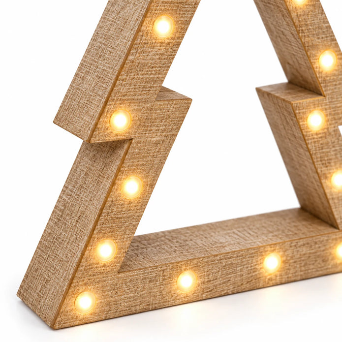Close-up of beige wooden tree frame texture and inset LED lights