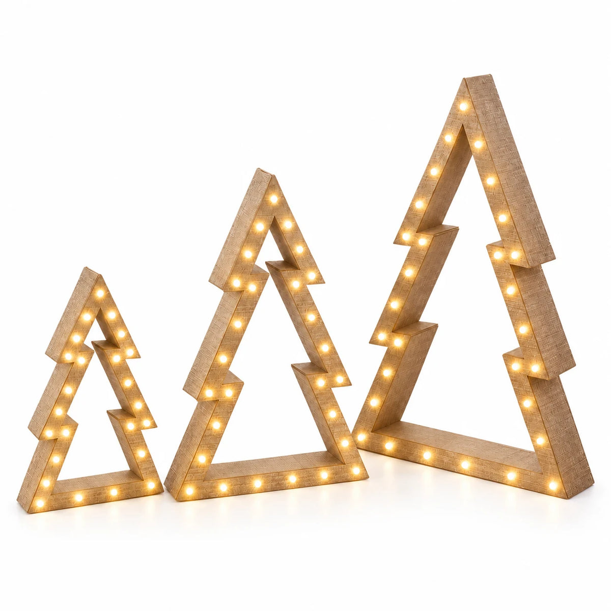 Small medium and large beige wooden LED Christmas trees on a white studio background