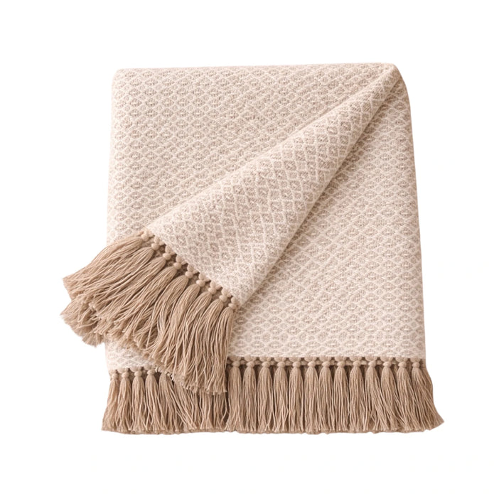 Beige natural diamond weave cotton throw by Malini, soft furnishings with textured diamond pattern for cozy decor.