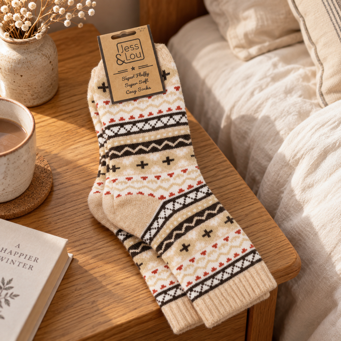 Beige Nordic wool-blend cosy socks styled on a warm oak bedside table