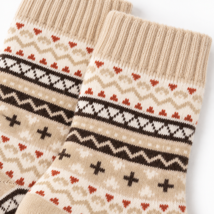 Close-up of beige, brown and rust Nordic knit pattern on cosy socks