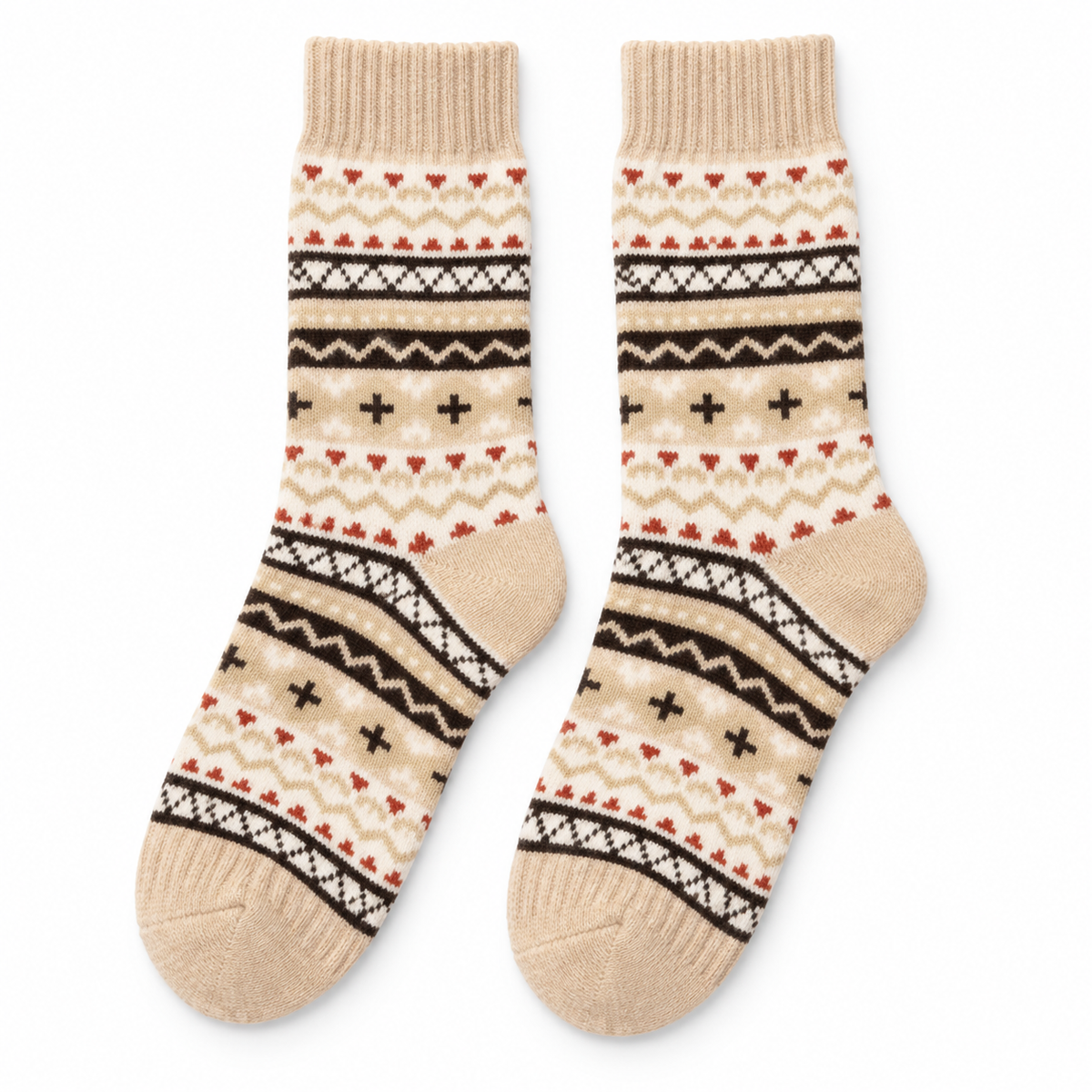 Pair of beige Nordic patterned cosy socks on a clean white background