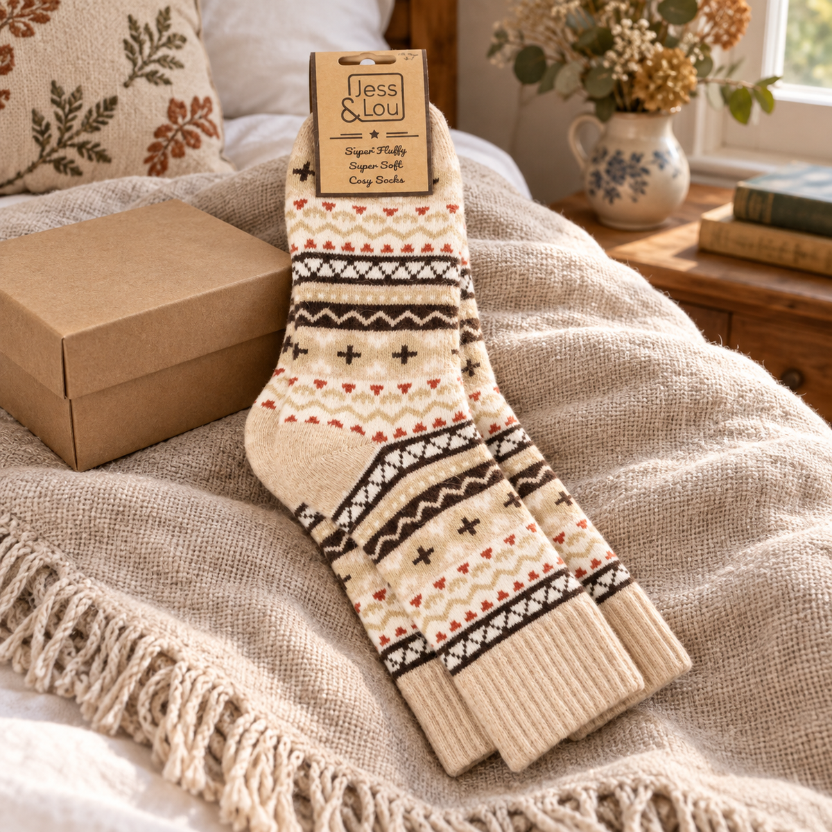 Beige Nordic cosy socks styled on an oatmeal throw with kraft gift box