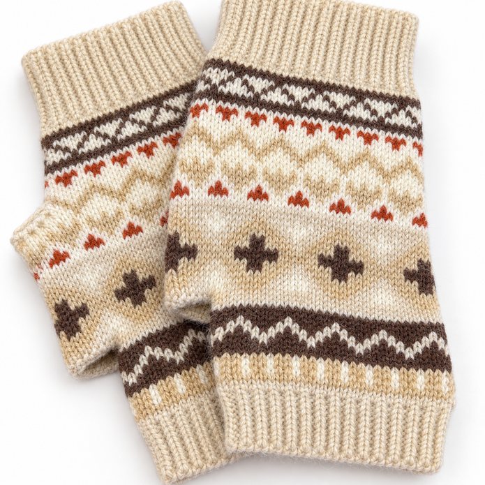Close-up of beige, brown and rust Nordic knit fingerless gloves