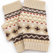 Close-up of beige, brown and rust Nordic knit fingerless gloves