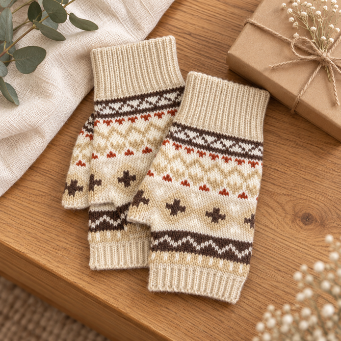 Beige Nordic knit fingerless gloves styled on warm oak with a kraft gift box