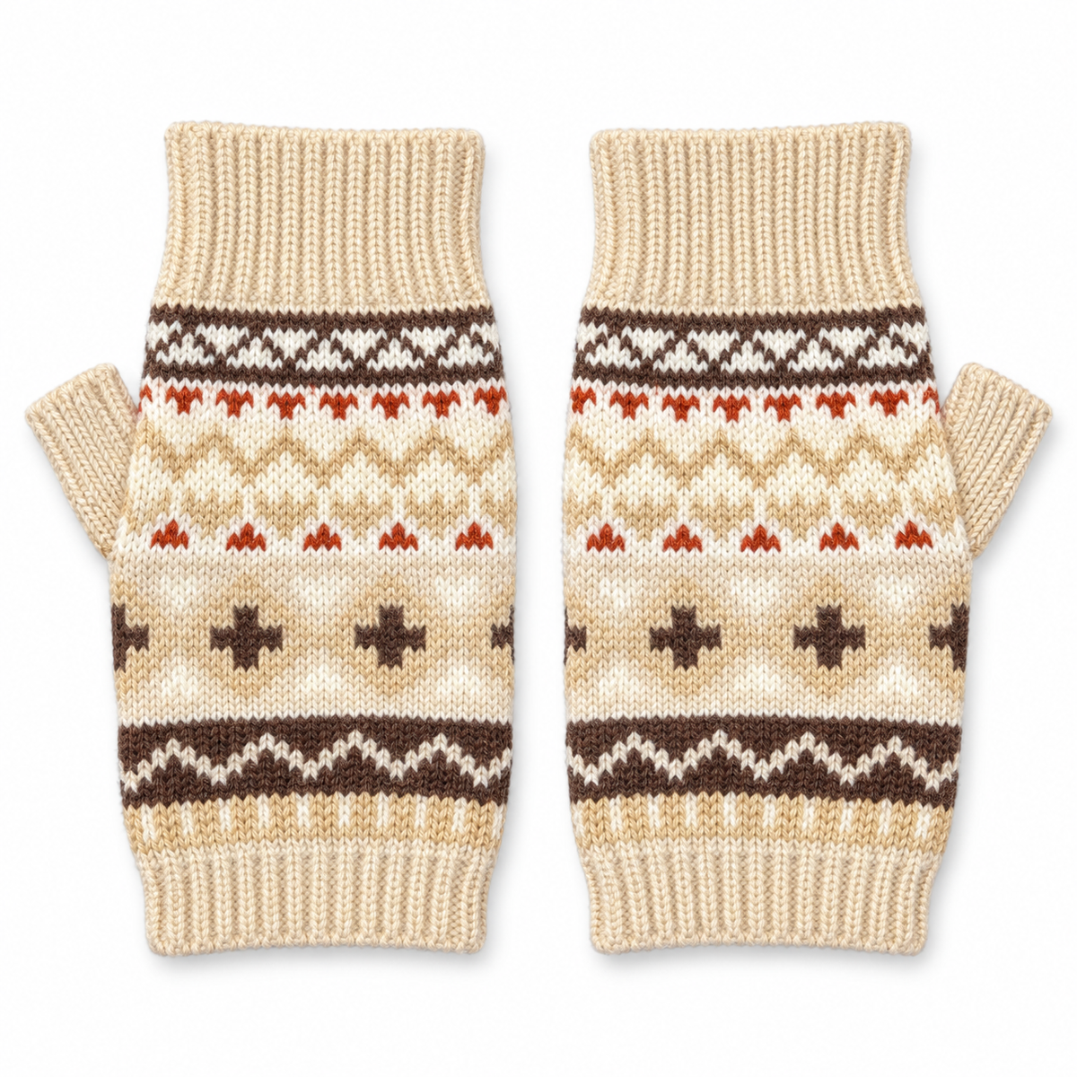 Pair of beige Nordic fingerless gloves on a clean white background