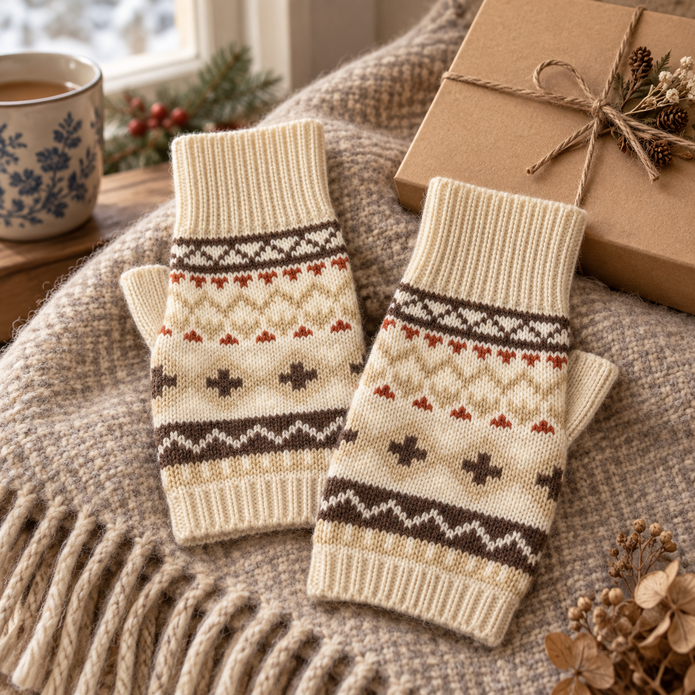 Beige Nordic fingerless gloves styled on a cosy oatmeal throw with gift box