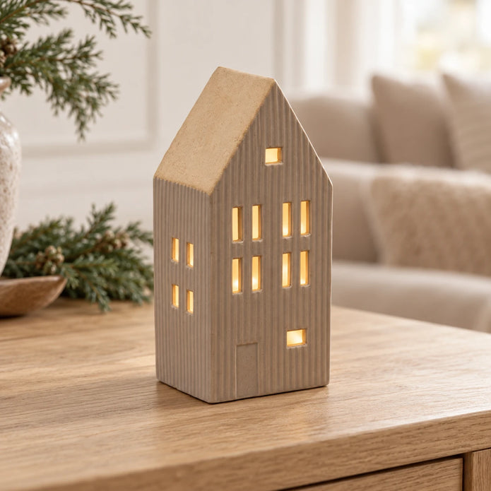 Beige ribbed ceramic LED house with sand roof glowing on a neutral Christmas console