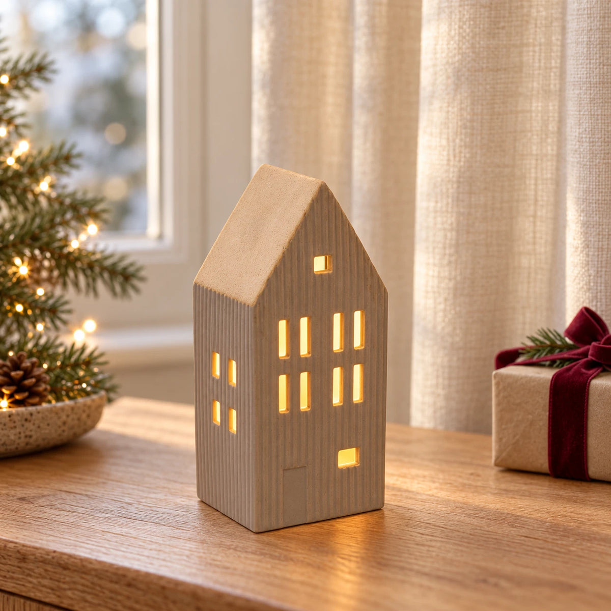Beige ribbed LED house on an oak table with a neutral Christmas gift