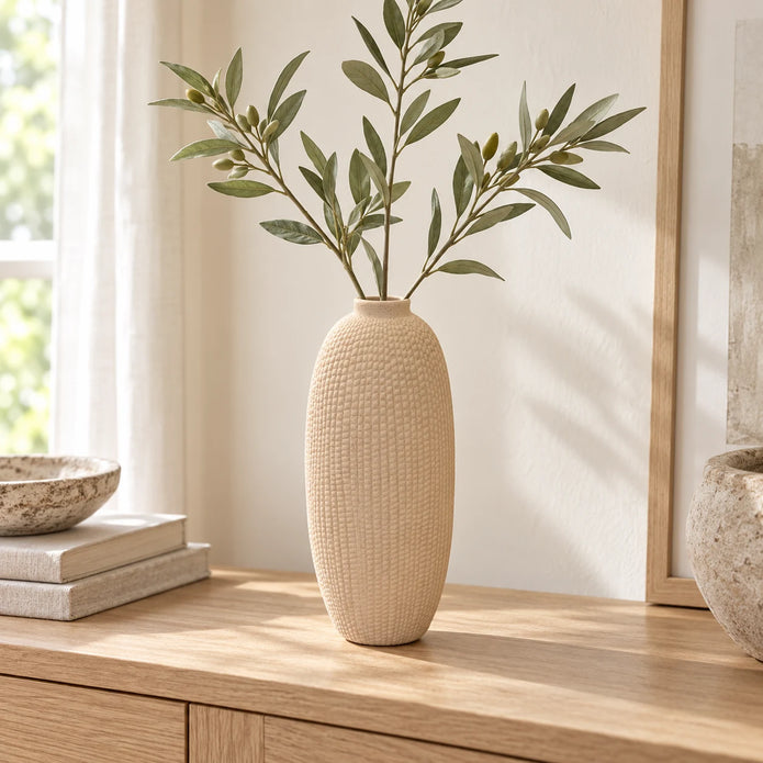 Beige textured stone vase with faux olive stems on a light oak console