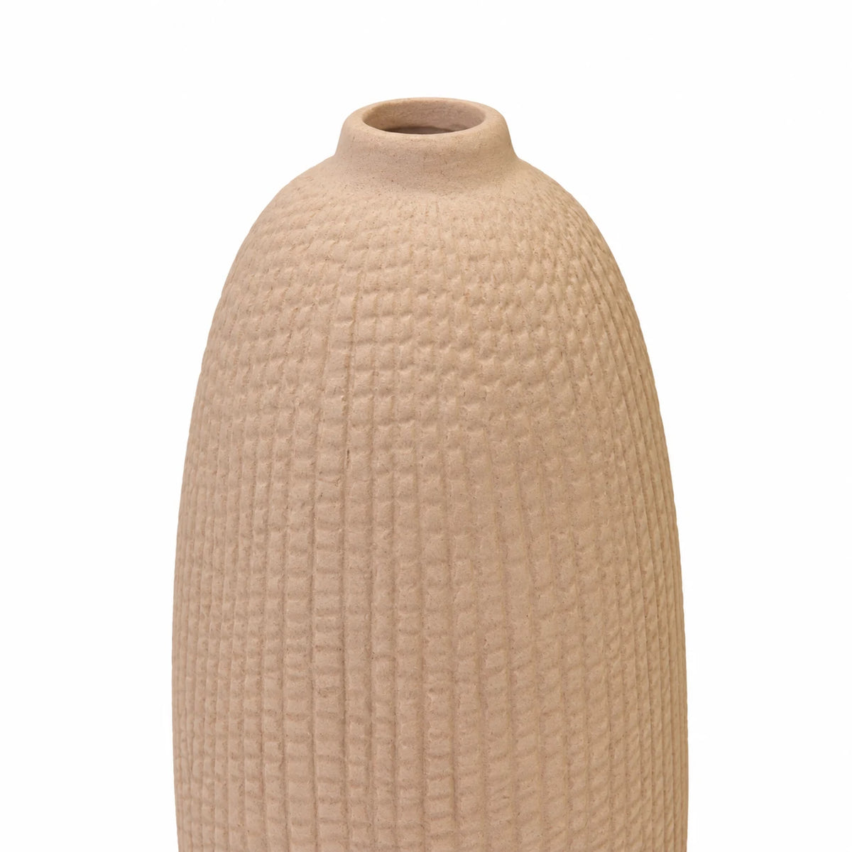 Close-up of the beige vase's textured finish, rounded shoulder and narrow rim