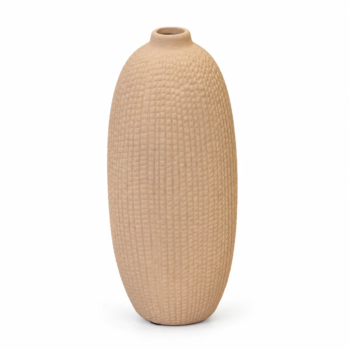 Complete empty beige textured stone vase on a white background, 24cm high