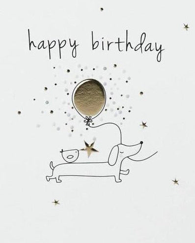 Cute sausage dog birthday greeting card by Belly Button Designs featuring adorable cartoon dogs on a festive background.