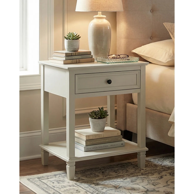 Hill Interiors Belmont Collection 1 Drawer Side Table showcasing a sleek wooden furniture piece with a single drawer and modern design.