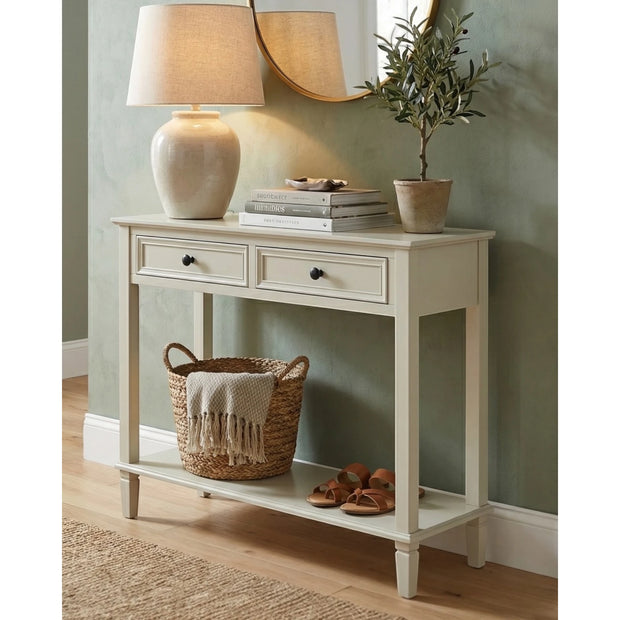 Hill Interiors Belmont Collection 2 Drawer Console table with a sleek wood finish and modern design, ideal for entryways or living rooms.