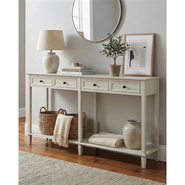 Hill Interiors Belmont Collection 4 Drawer Console table with sleek wood finish and modern design, perfect for entryways.