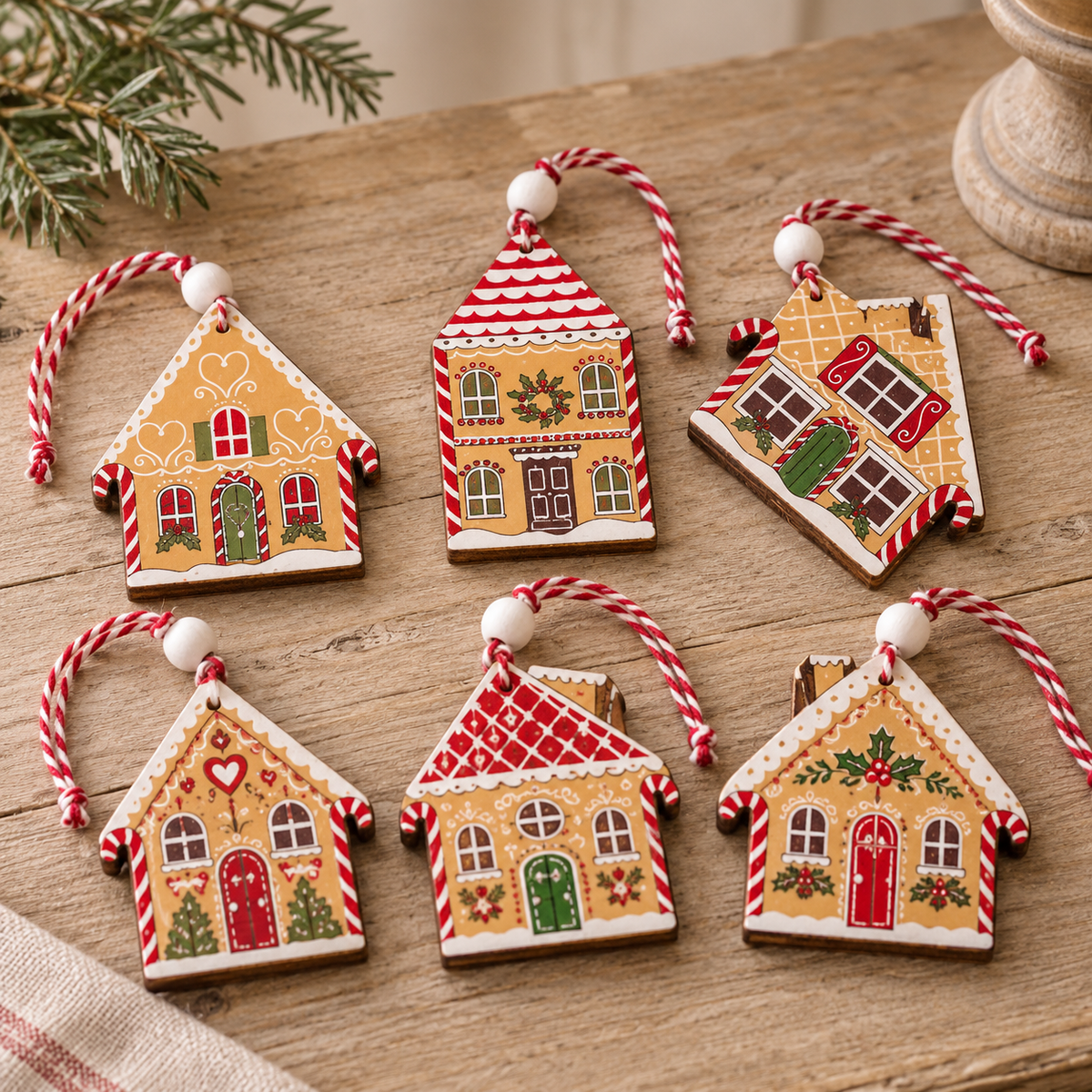 Close-up detail of Hanging Gingerbread Houses – Set of Six