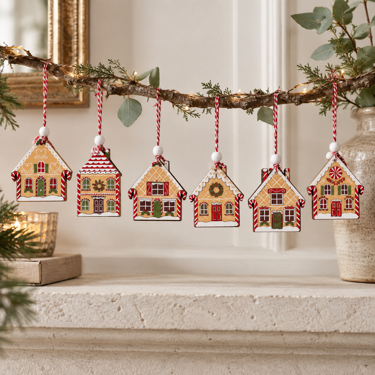 Hanging Gingerbread Houses – Set of Six styled on a warm neutral mantel