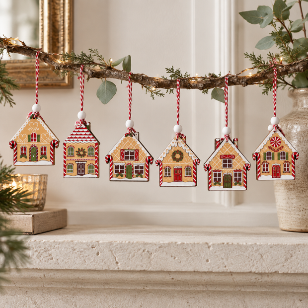 Hanging Gingerbread Houses – Set of Six styled on a warm neutral mantel