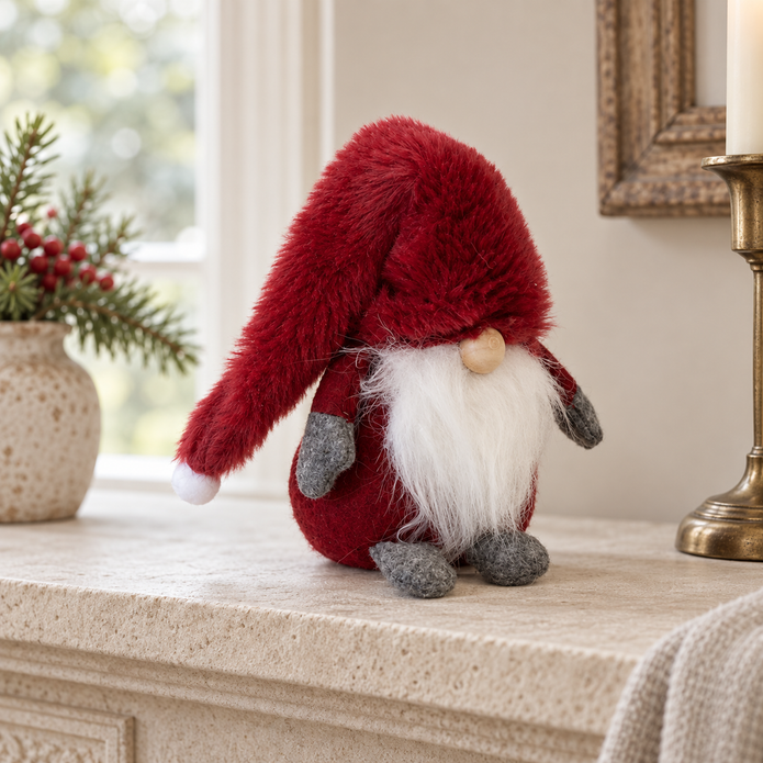 Deep Red Christmas Gonk styled in a warm neutral Christmas interior
