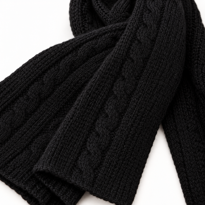 Close-up of the soft black cable knit scarf texture