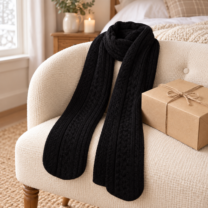 Black cable knit scarf styled on a cream chair beside a kraft gift box