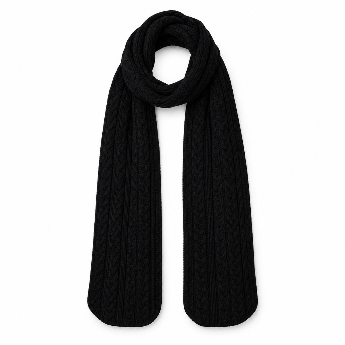 Long black cable knit scarf on a clean white studio background