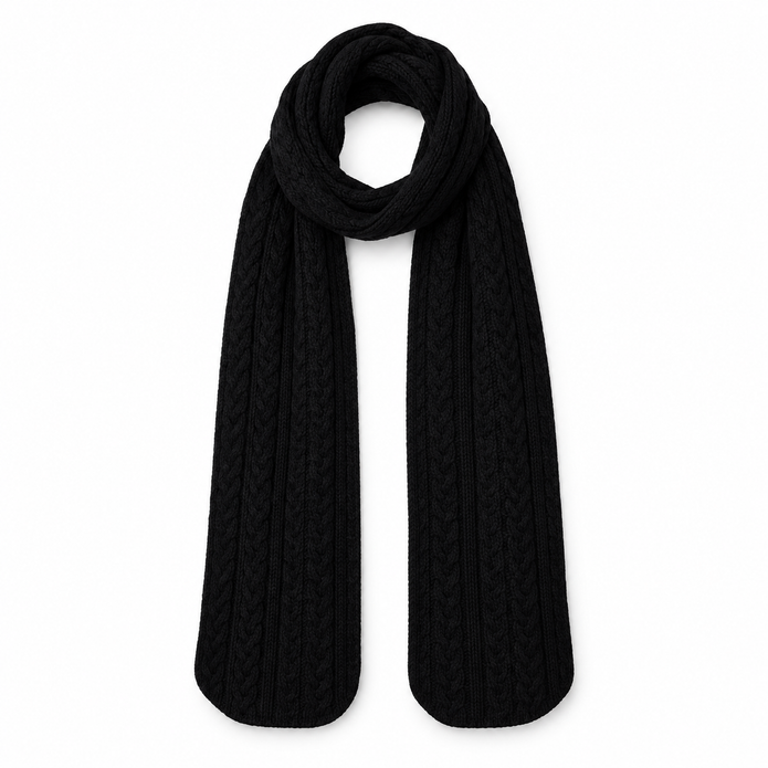 Long black cable knit scarf on a clean white studio background