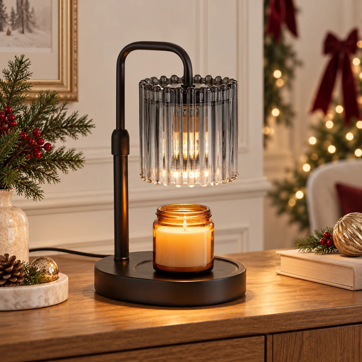 Black crystal-style candle warmer lamp styled on an oak sideboard for Christmas
