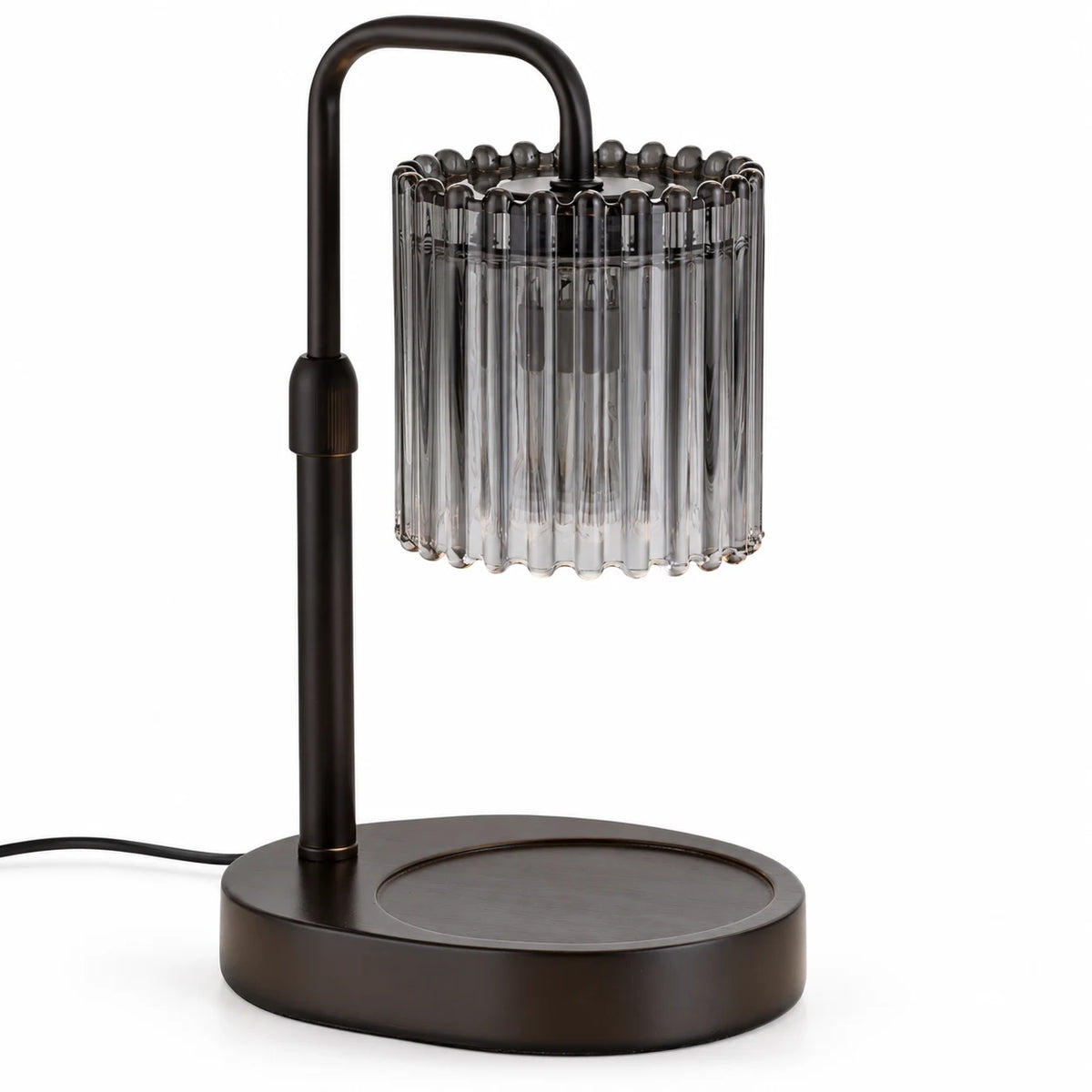 Black candle warmer lamp with crystal-style glass shade on a white studio background