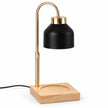 Complete black enamel effect candle warmer on white with empty square wooden base and no candle