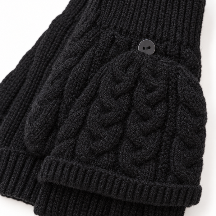 Close-up of black cable knit flip-top glove and fastening button