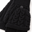 Close-up of black cable knit flip-top glove and fastening button