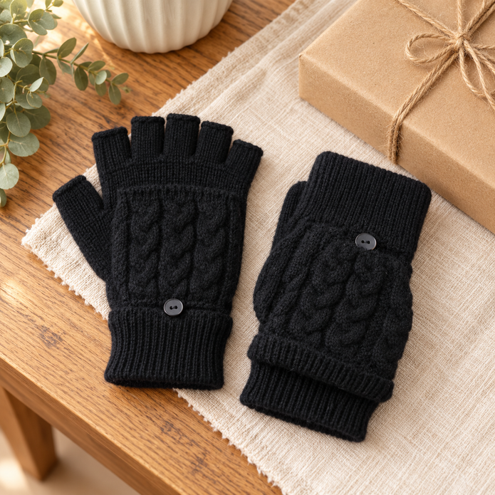 Black flip-top fingerless gloves displayed open and closed on warm oak