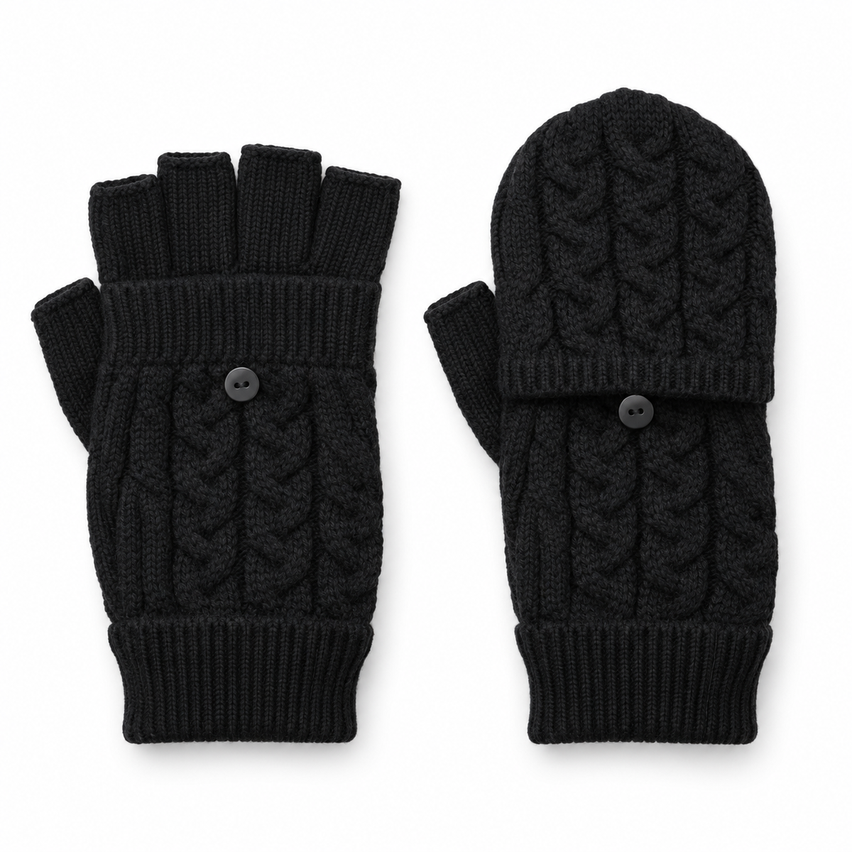 Pair of black cable knit flip-top fingerless gloves on white background