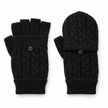 Pair of black cable knit flip-top fingerless gloves on white background