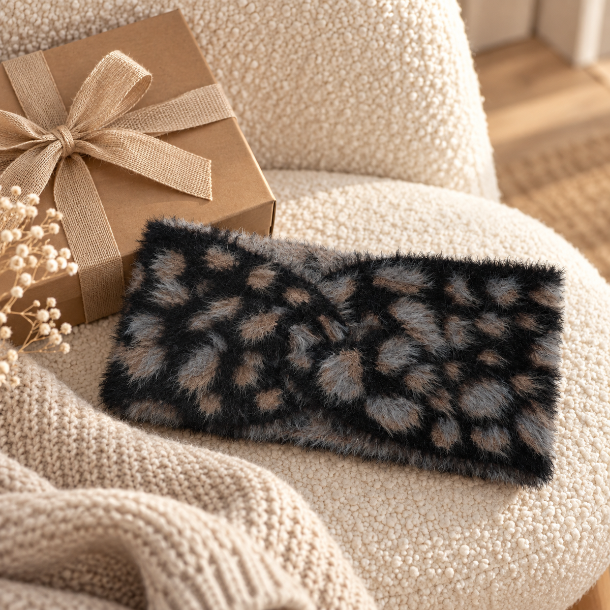 Black fluffy leopard print headband styled with a kraft gift box
