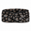 Black, grey and taupe fluffy leopard print headband on white background